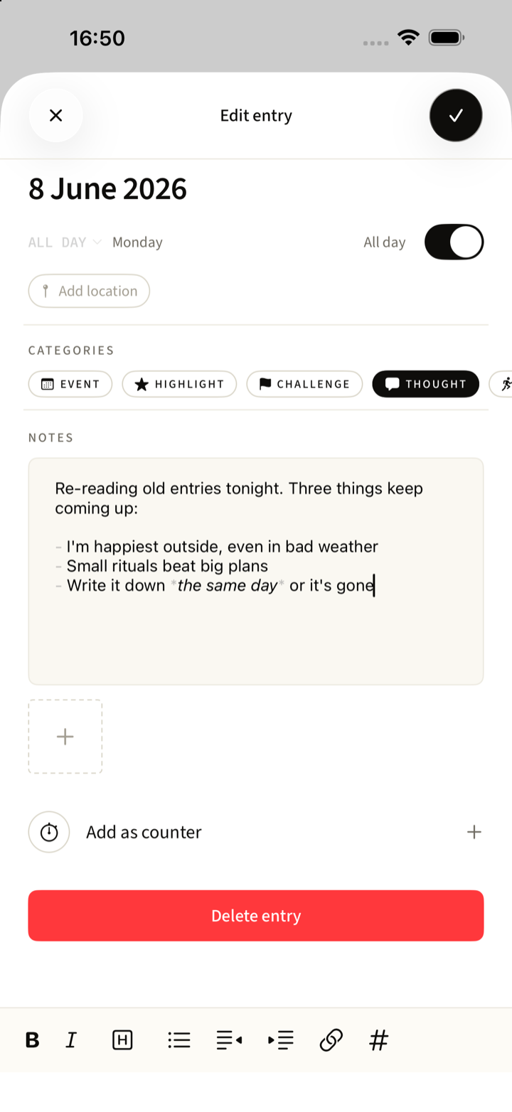 The Merga editor with date, location, category chips and Markdown notes