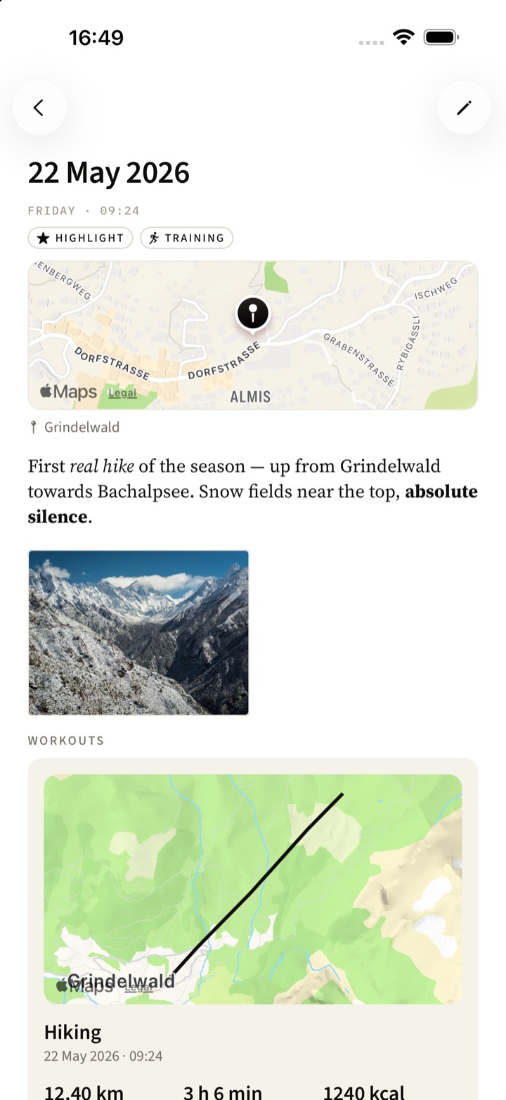 A Merga entry with map, formatted text, a mountain photo and a hiking workout