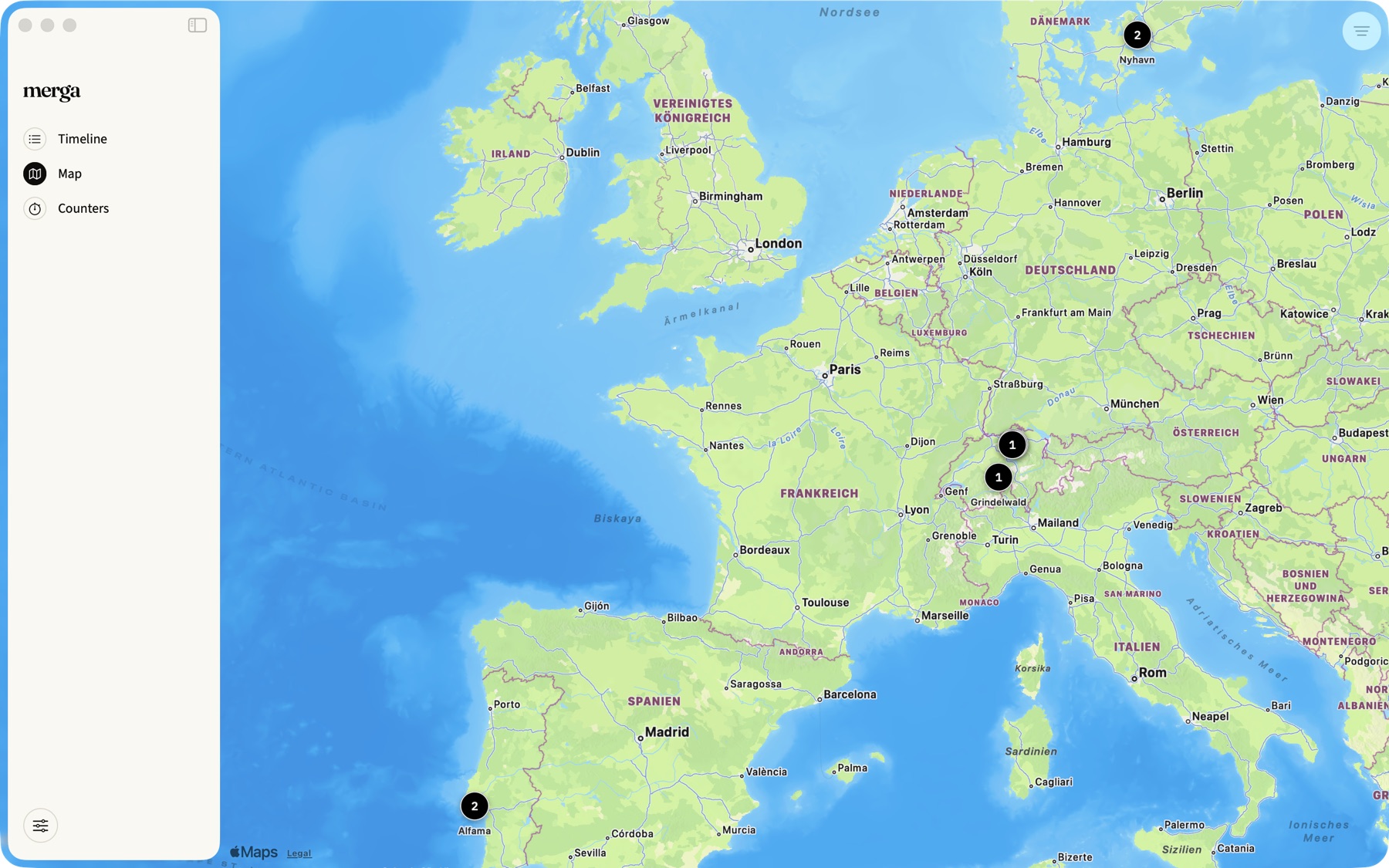 Merga on the Mac showing journal entries pinned across a map of Europe